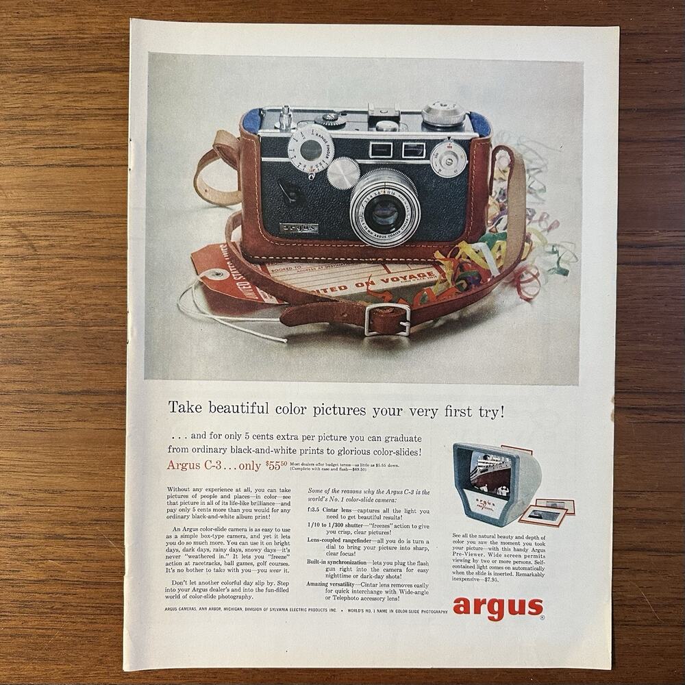 1957 VTG Magazine Ad ARGUS Camera Take Beautiful Color Pictures First Try